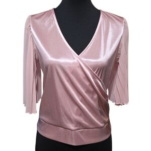 Paperoc Chic Blush Satin Surplice Blouse With Pleated Sleeves Size S